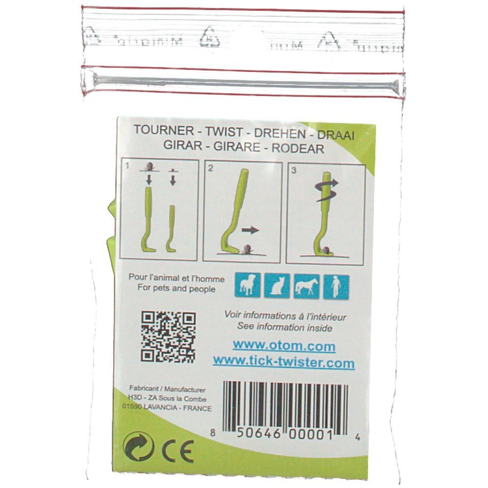 Dos de l'emballage avec instructions d'utilisation du crochet à tiques. Texte: Tourner - Twist - Drehen - Draai.