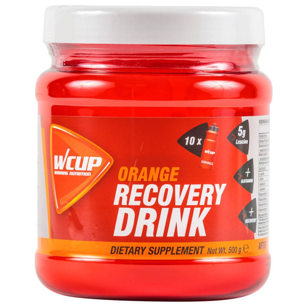 Pot orange avec couvercle blanc. Inscription: Orange Recovery Drink. Complément alimentaire. Poids net 500 g.
