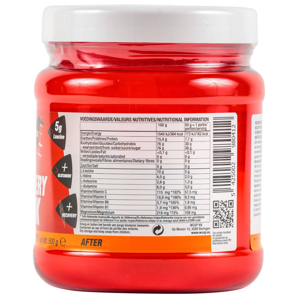Dos d'un pot rouge. Contient des informations nutritionnelles et une liste d'ingrédients. Couvercle blanc. Code QR et code-barres.
