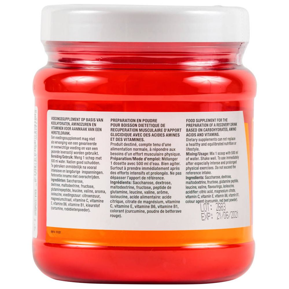 Dos d'un pot rouge. Texte multilingue. Liste des ingrédients et instructions de préparation. Couvercle blanc.