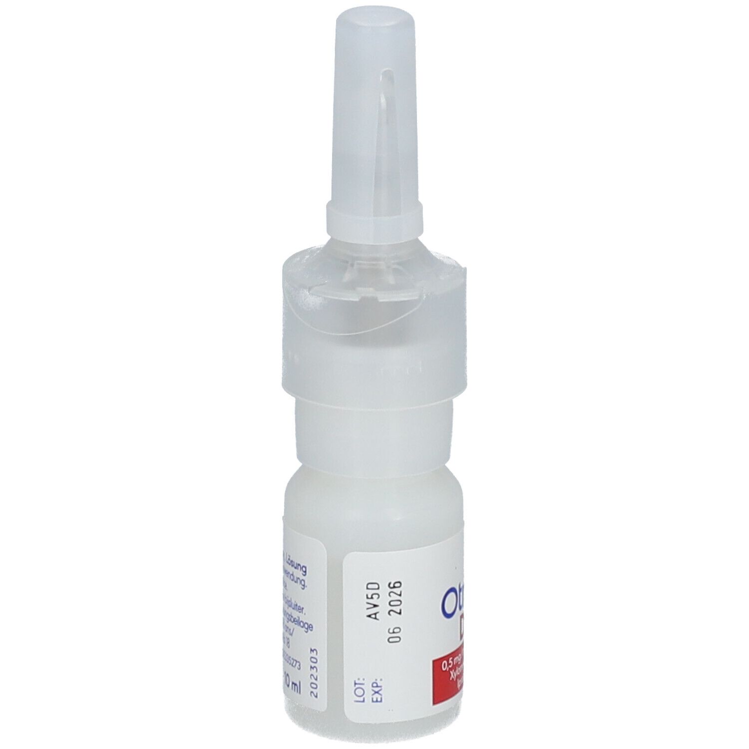 Flacon de spray nasal blanc avec bouchon. Inscription et date d'expiration.