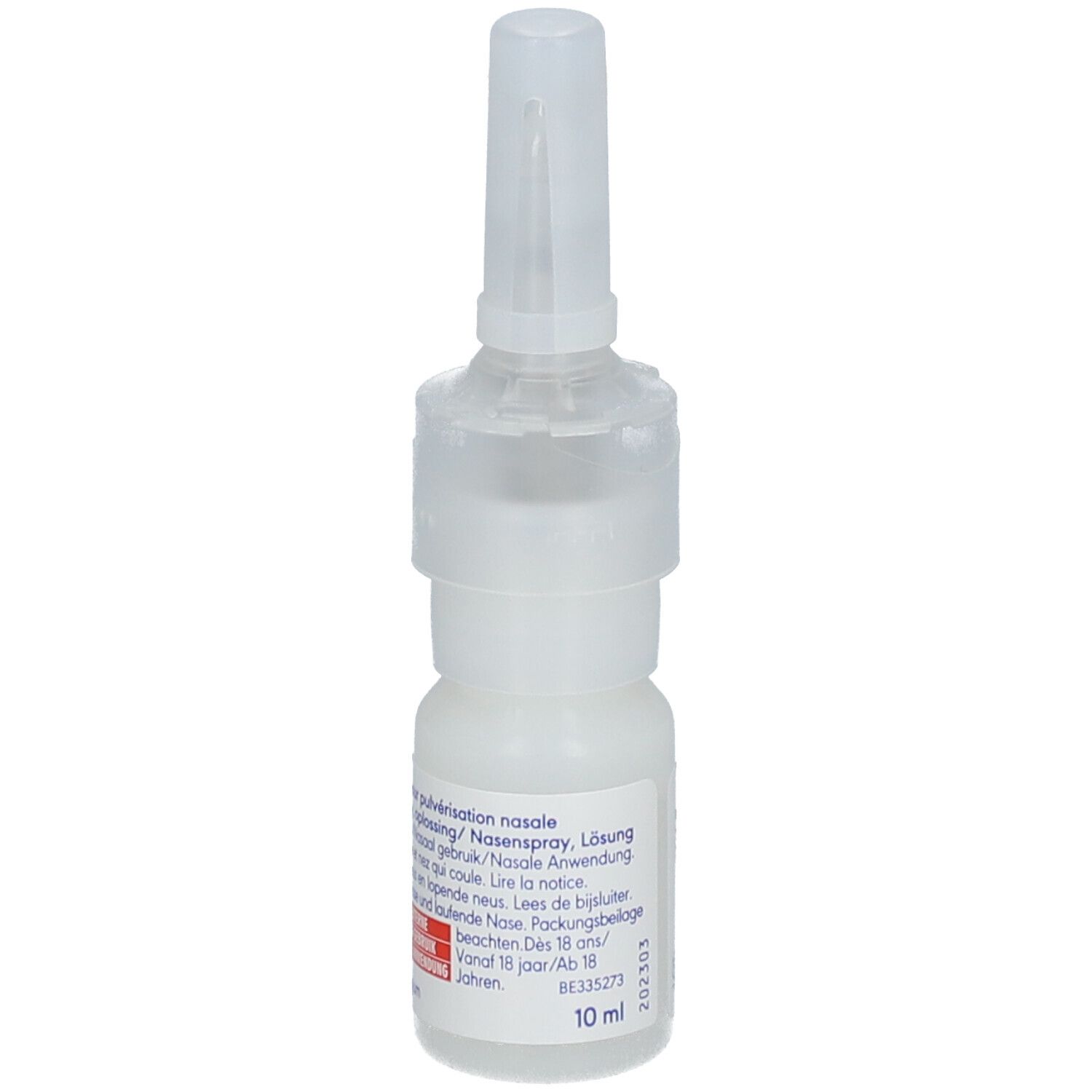Flacon de spray nasal blanc avec bouchon. Inscription et volume 10 ml.