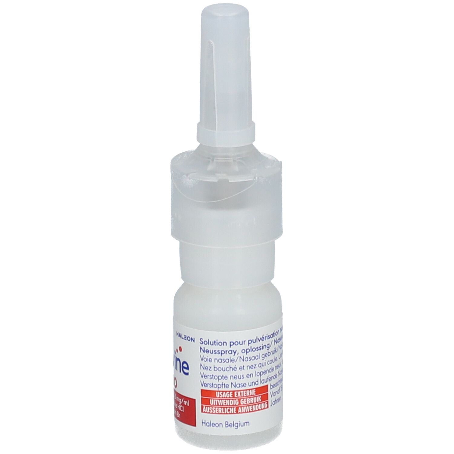 Flacon de spray nasal blanc avec bouchon. Inscription et fabricant.
