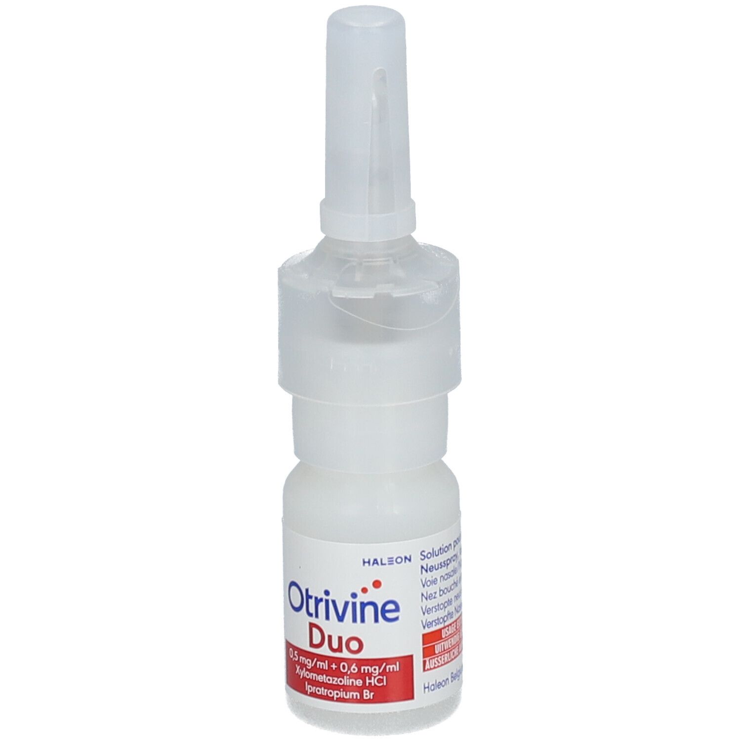Flacon de spray nasal blanc avec bouchon. Inscription: Otrivine Duo.