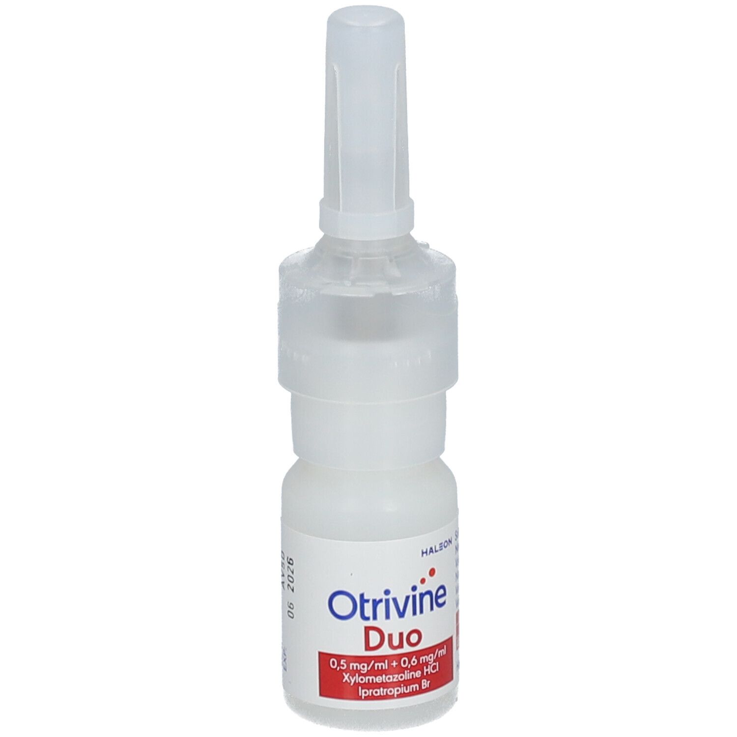 Flacon de spray nasal blanc avec bouchon. Inscription: Otrivine Duo.