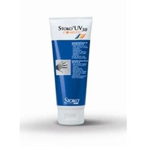 Tube met blauwe en witte tekst. Tekst: Stoko UV30 Complete. Afbeelding van een hand. Bevat informatie.
