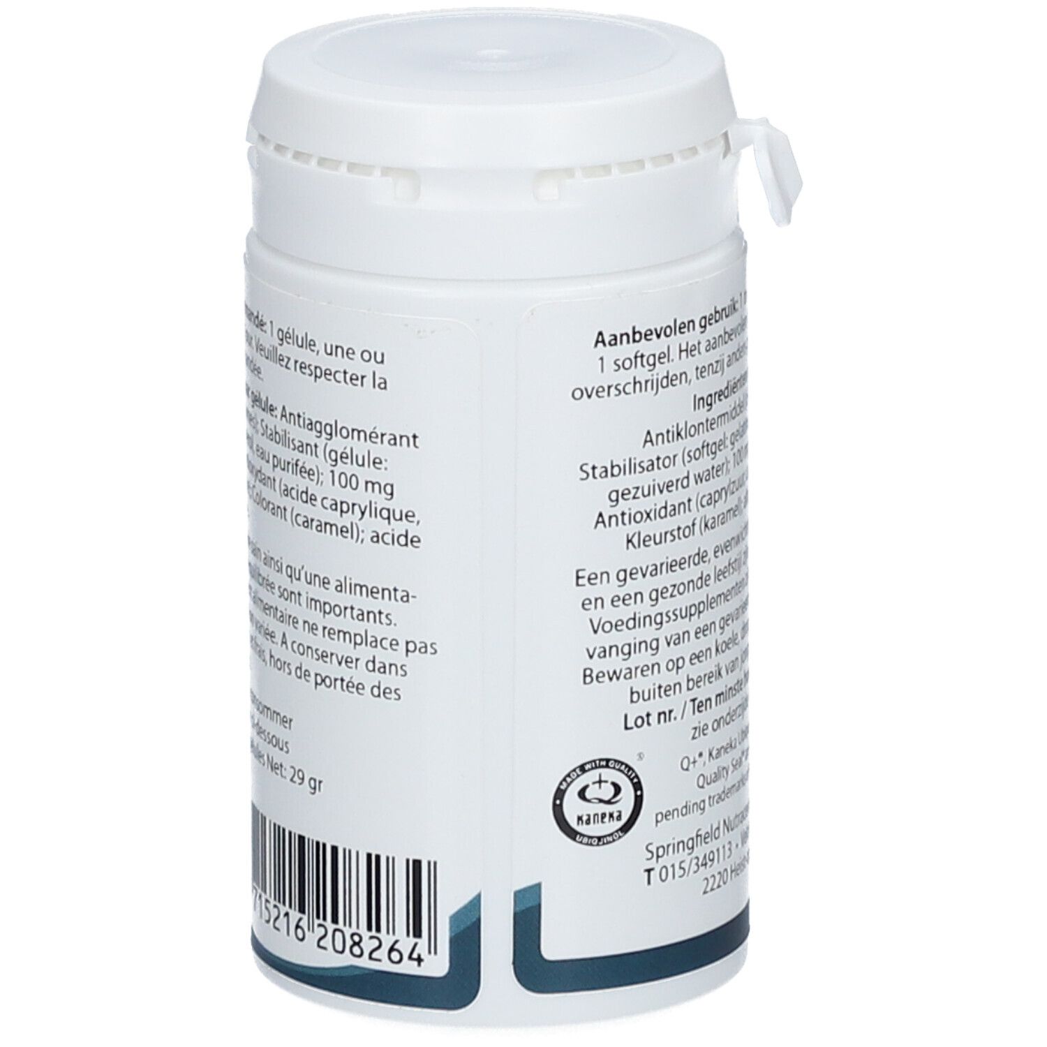 Dos du flacon blanc Springfield Reduquinol. Texte: ingrédients, numéro de lot, code-barres.