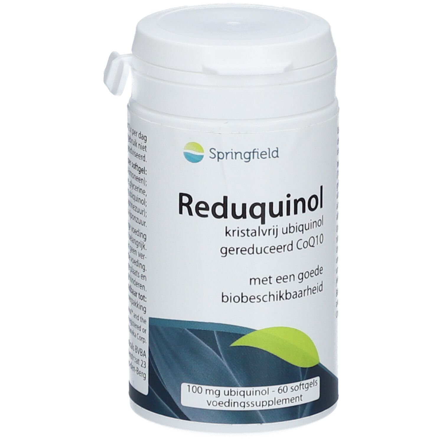 Flacon blanc Springfield Reduquinol. Inscription: Reduquinol, 100 mg ubiquinol, 60 gélules.