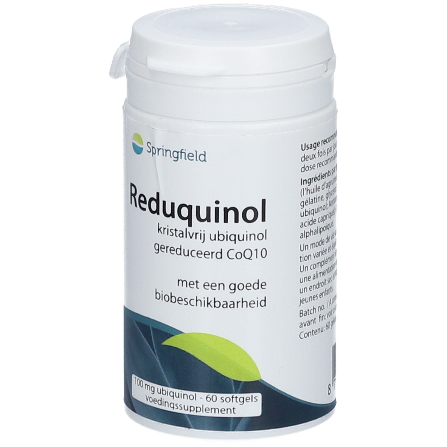 Flacon blanc Springfield Reduquinol. Inscription: Reduquinol, 100 mg ubiquinol, 60 gélules.