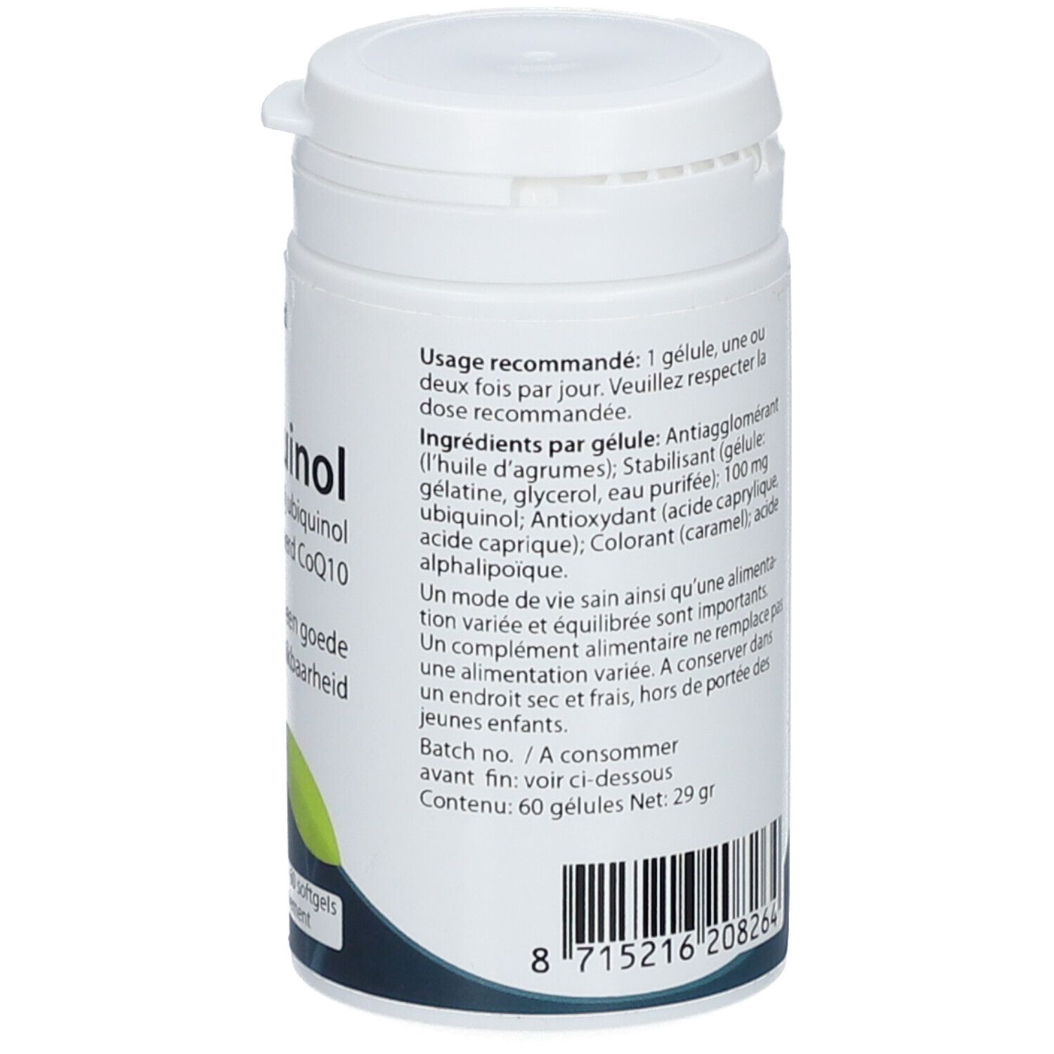 Dos du flacon blanc Springfield Reduquinol. Texte: ingrédients, numéro de lot, code-barres.