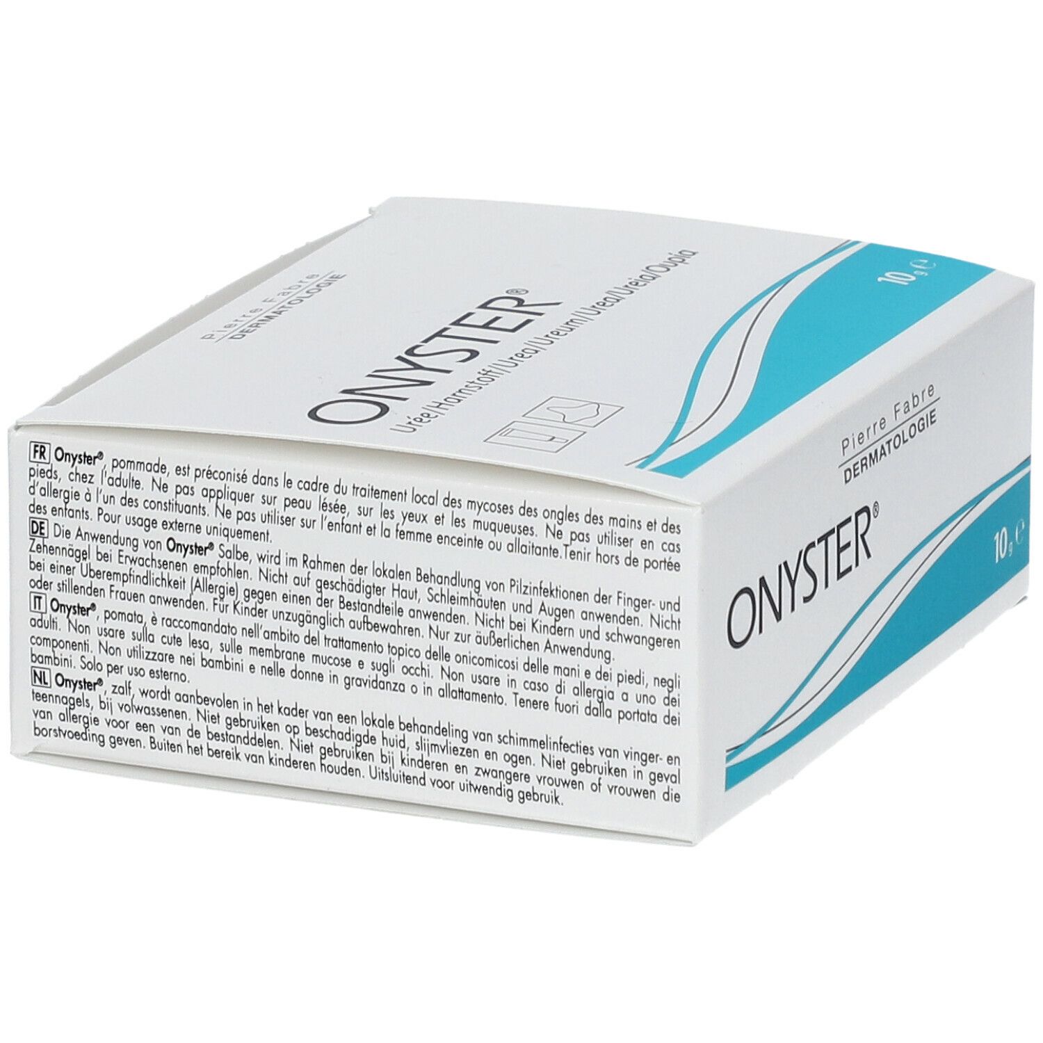 Boîte blanche avec logo ONYSTER et texte multilingue. Pierre Fabre Dermatologie. 10, e.