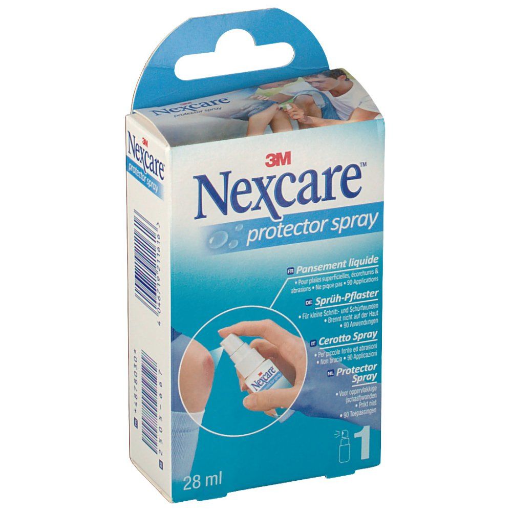 Emballage 3M Nexcare Protector Spray. Contient un flacon pulvérisateur. Inscriptions : Panserment liquide, Sprüh-Pflaster, Cerotto Spray, Protector Spray.