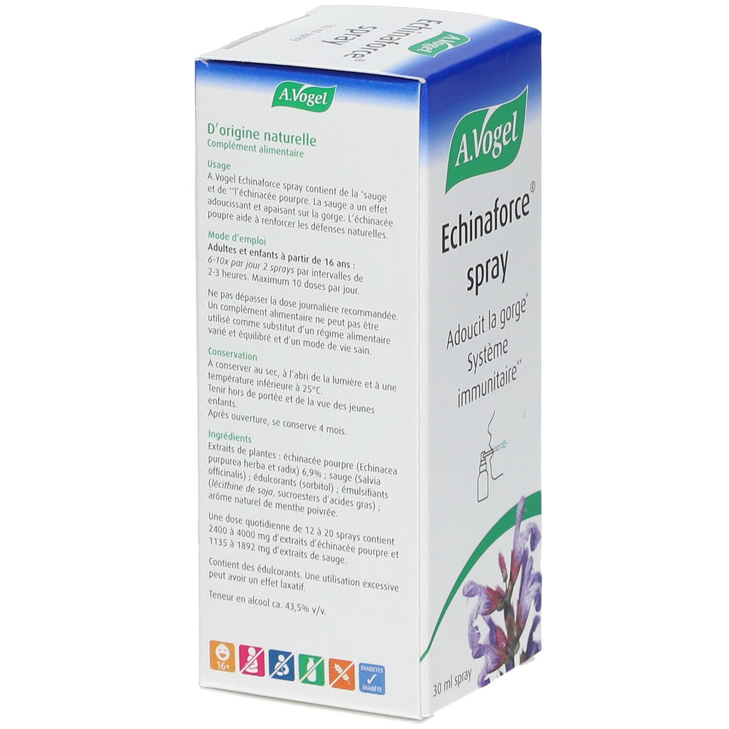 Achterkant van de A. Vogel Echinaforce Spray doos. Meertalige tekst. Ingrediënten en samenstelling vermeld.