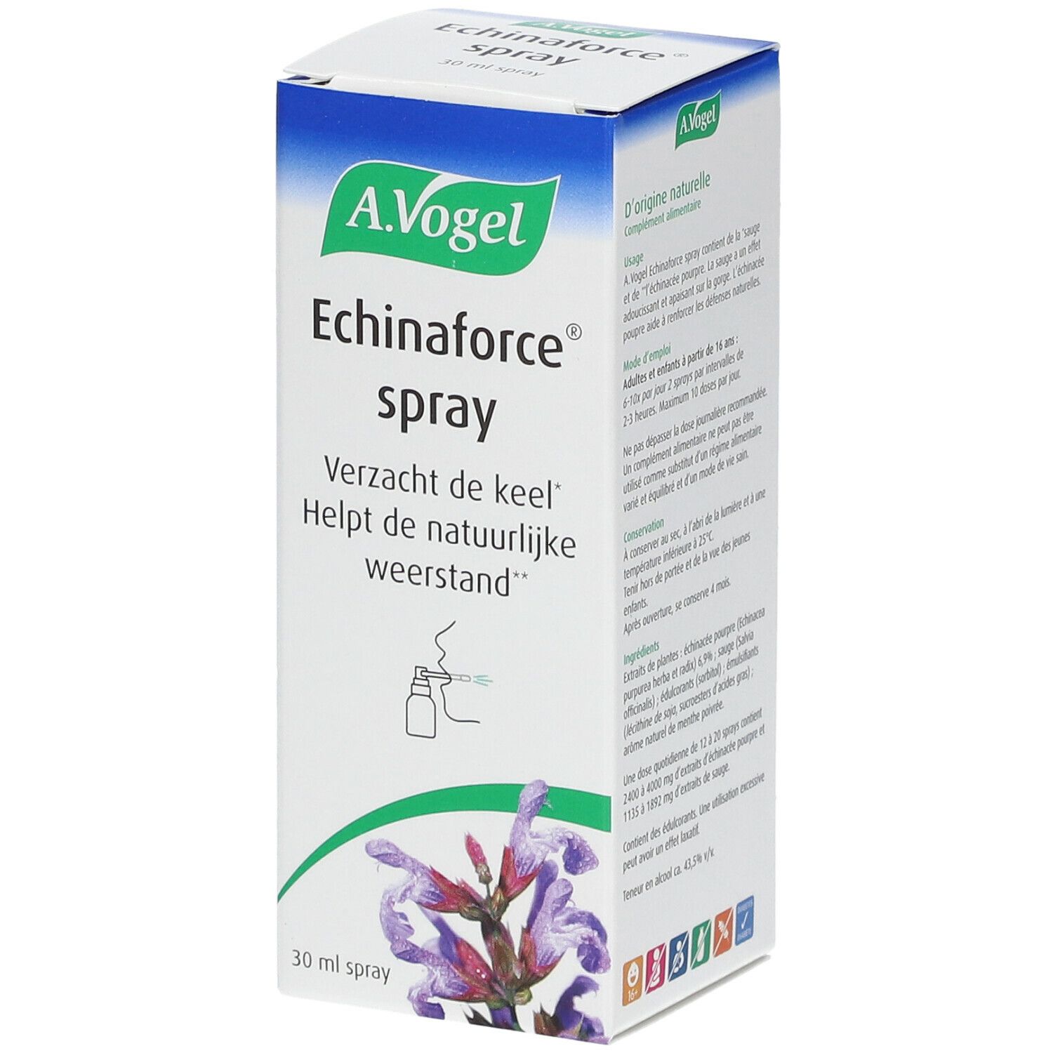 Doosje A. Vogel Echinaforce Spray. Naam en logo bovenaan. Tekst in het Nederlands. Illustratie van bloem.