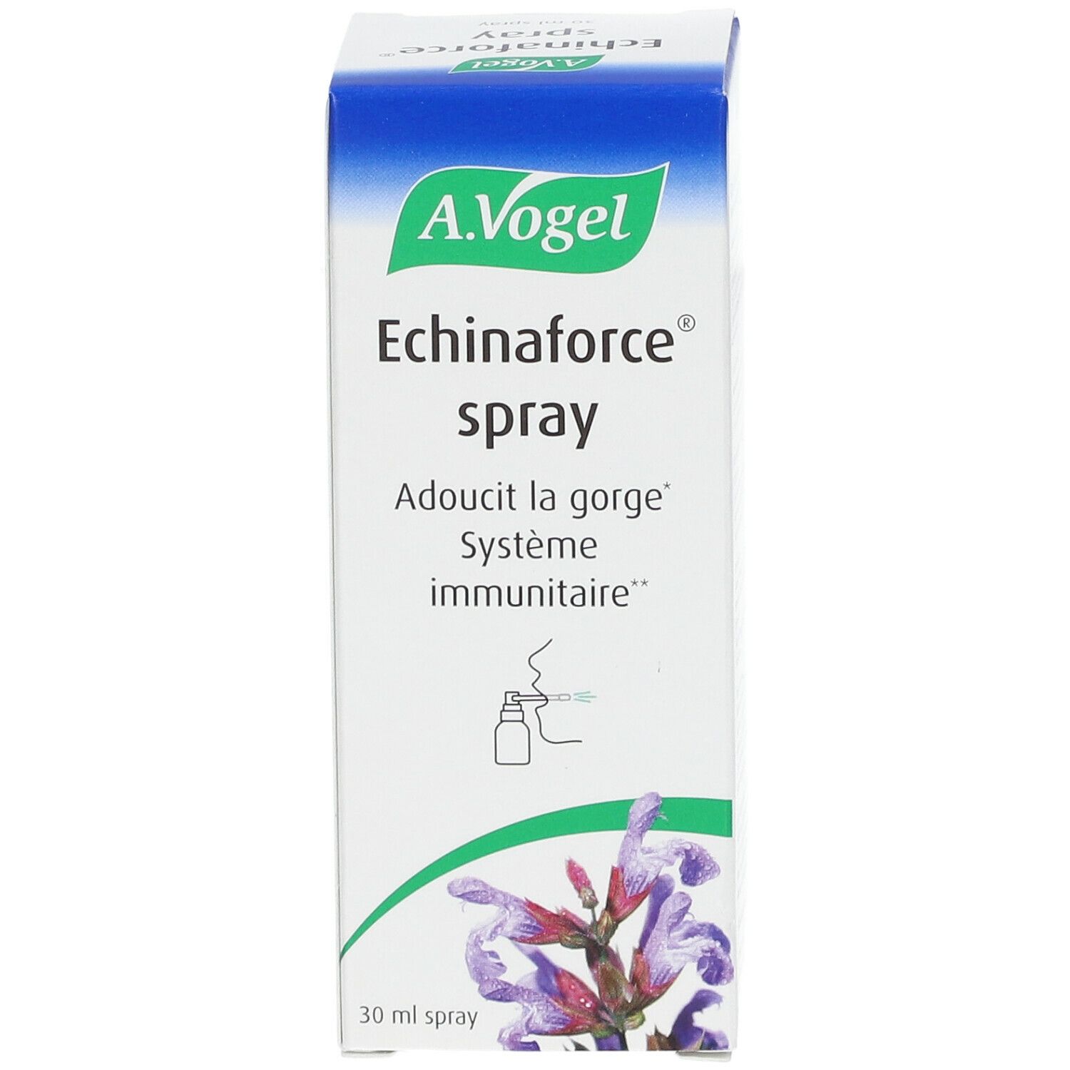 Doosje A. Vogel Echinaforce Spray. Naam en logo bovenaan. Illustratie van bloem en sprayflacon.