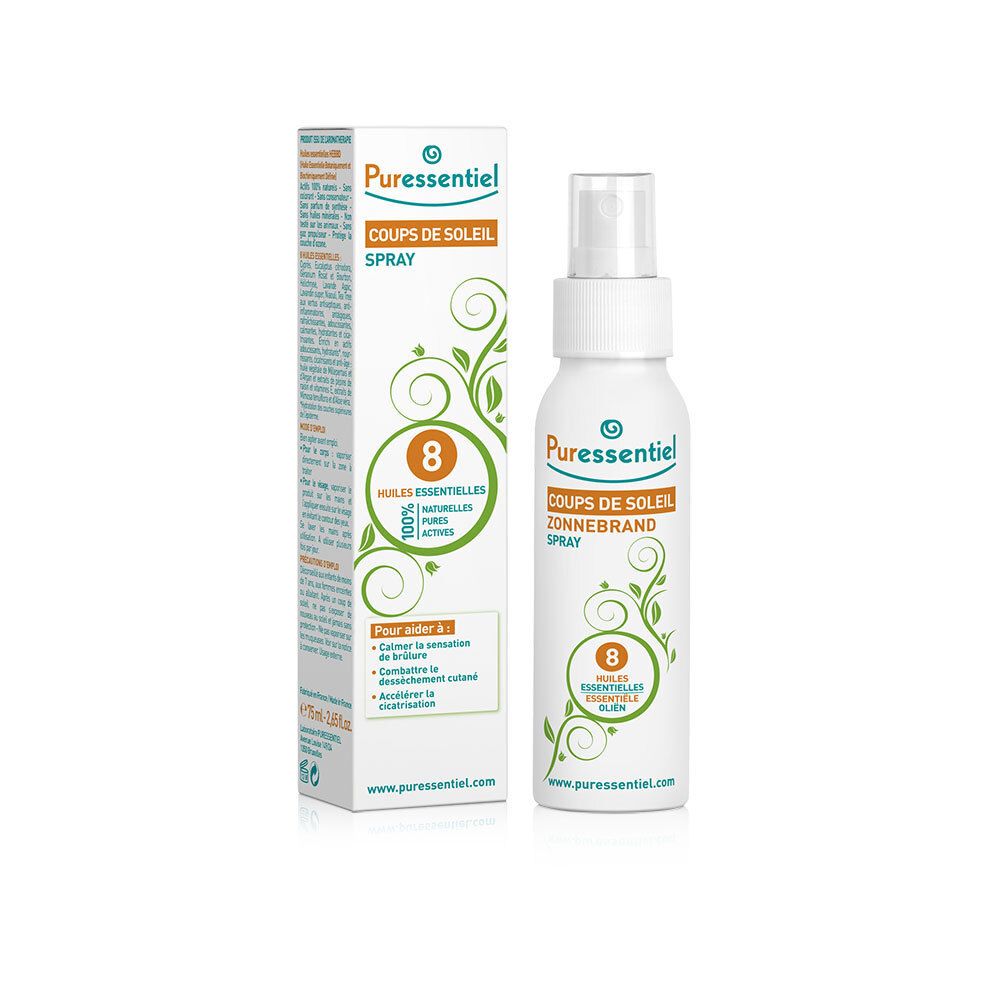 Flacon spray blanc et boîte. Inscription : Coups de Soleil Spray, 8 Huiles Essentielles. Marque : Puressentiel.