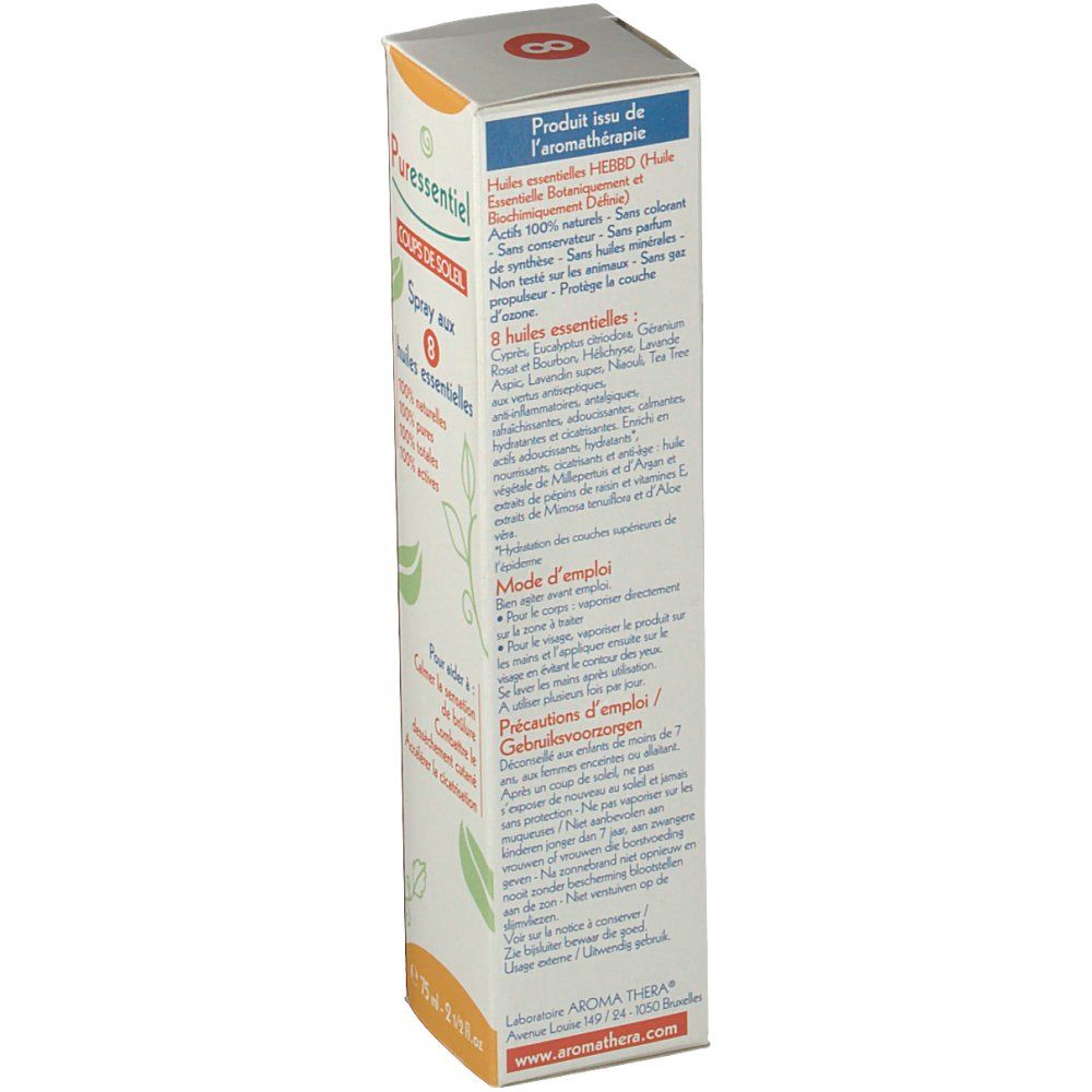 Boîte avec informations produit. Inscription : Puressentiel, Coups de Soleil Spray, 8 Huiles Essentielles. Texte en français.