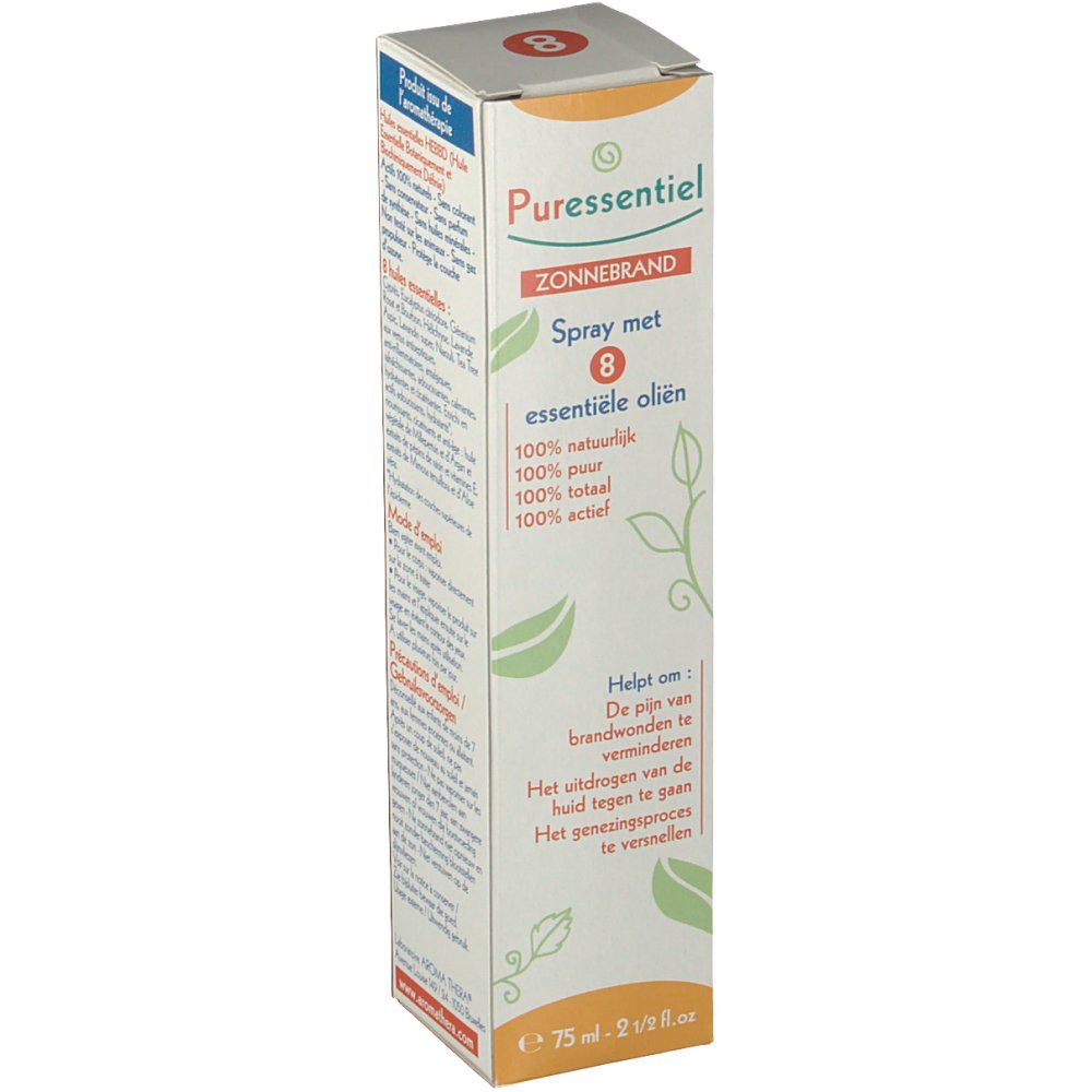Boîte avec informations produit. Inscription : Puressentiel, Zonnebrand Spray, 8 essentiële oliën. Texte en néerlandais.