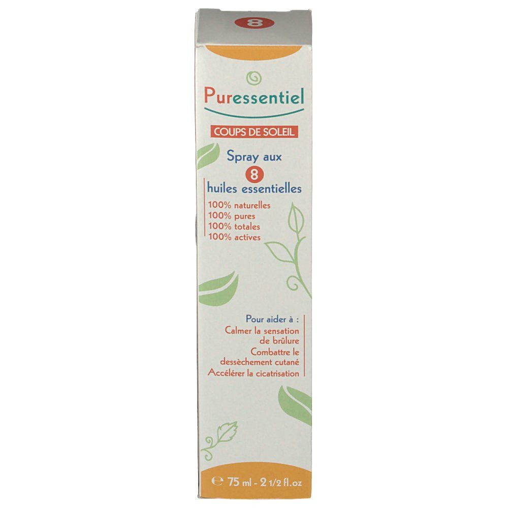 Boîte avec informations produit. Inscription : Puressentiel, Coups de Soleil Spray, 8 huiles essentielles. Texte en français.