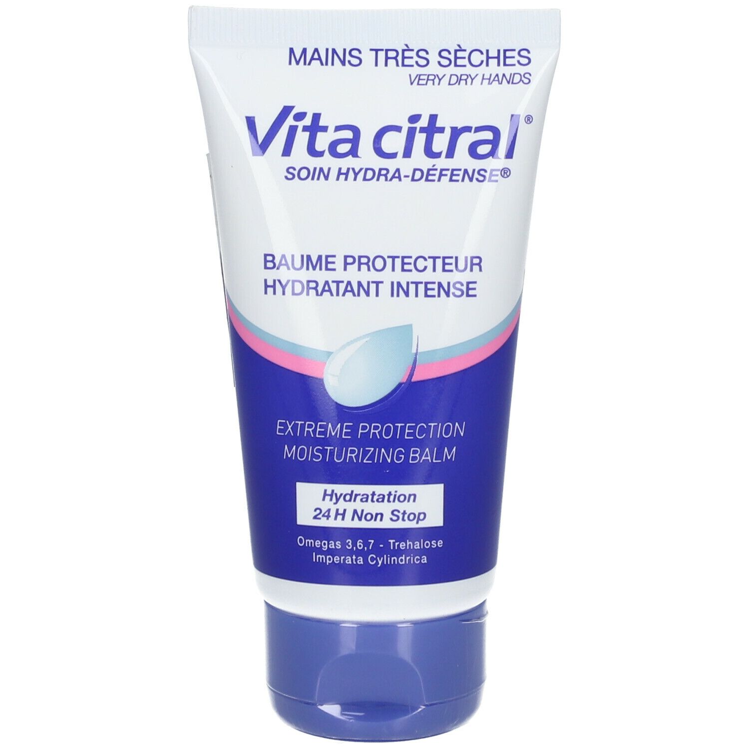 Vita citral® Hydra Defense® Pflegecreme tube. Wit, blauw, roze. Tekst: Mains très sèches, Soin Hydra-Défense, Baume protecteur hydratant intense.