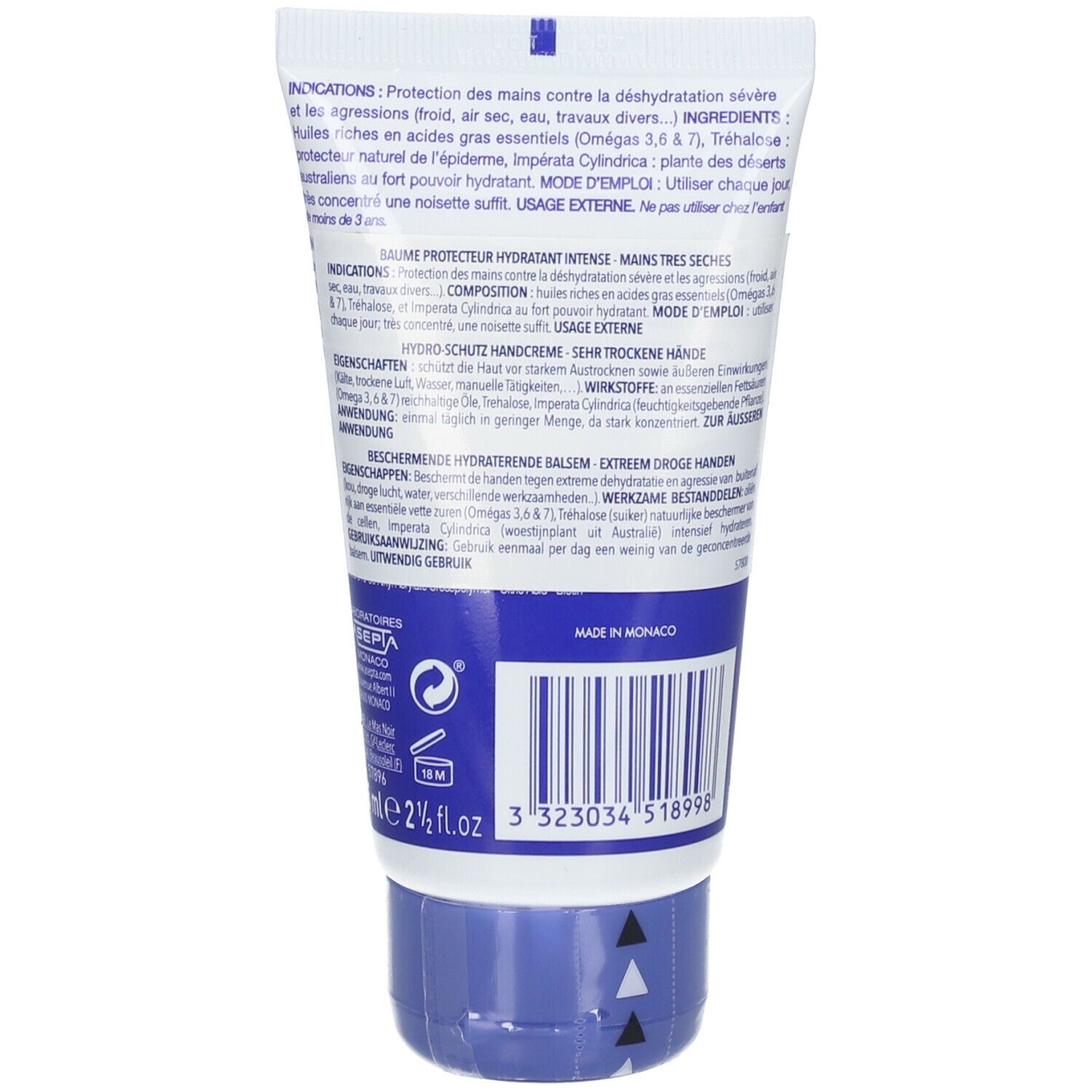Achterkant van de Vita citral® Hydra Defense® tube. Tekst: Baume protecteur hydratant intense, Mains très sèches. Ingrediënten, gebruiksaanwijzing, herkomst.