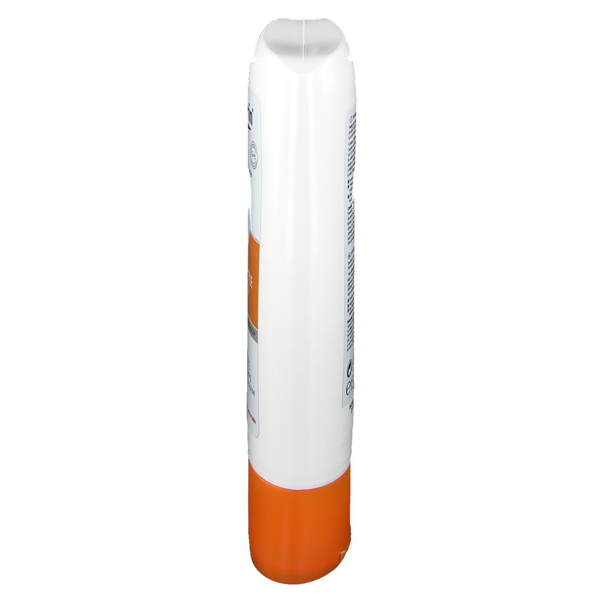 Witte tube met oranje onderkant. Productinformatie op de achterkant. Eucerin-logo zichtbaar.