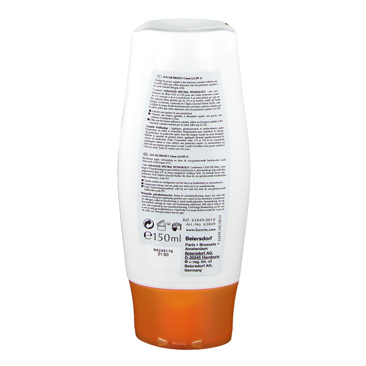 Achterkant van een witte tube. Tekst met productinformatie. Eucerin, SUN LEB • PLE PROTECT, SPF 25, 150ml.