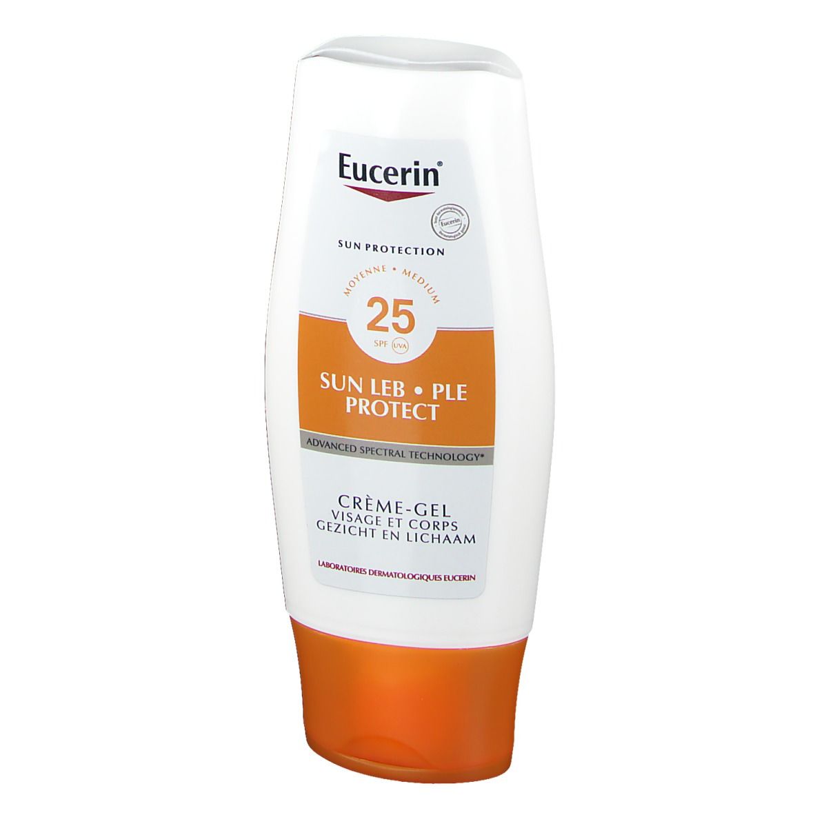 Witte en oranje tube. Eucerin-logo, SPF 25, SUN LEB • PLE PROTECT, Crème-Gel voor gezicht en lichaam.