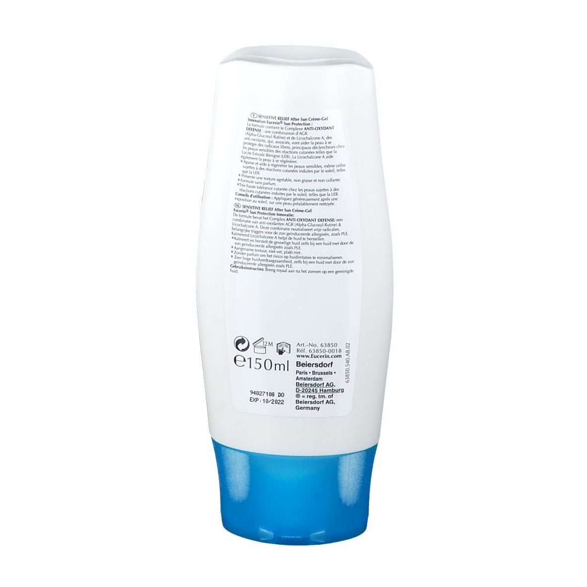 Flacon blanc avec bouchon bleu. Texte au dos et informations du fabricant. E150ml.