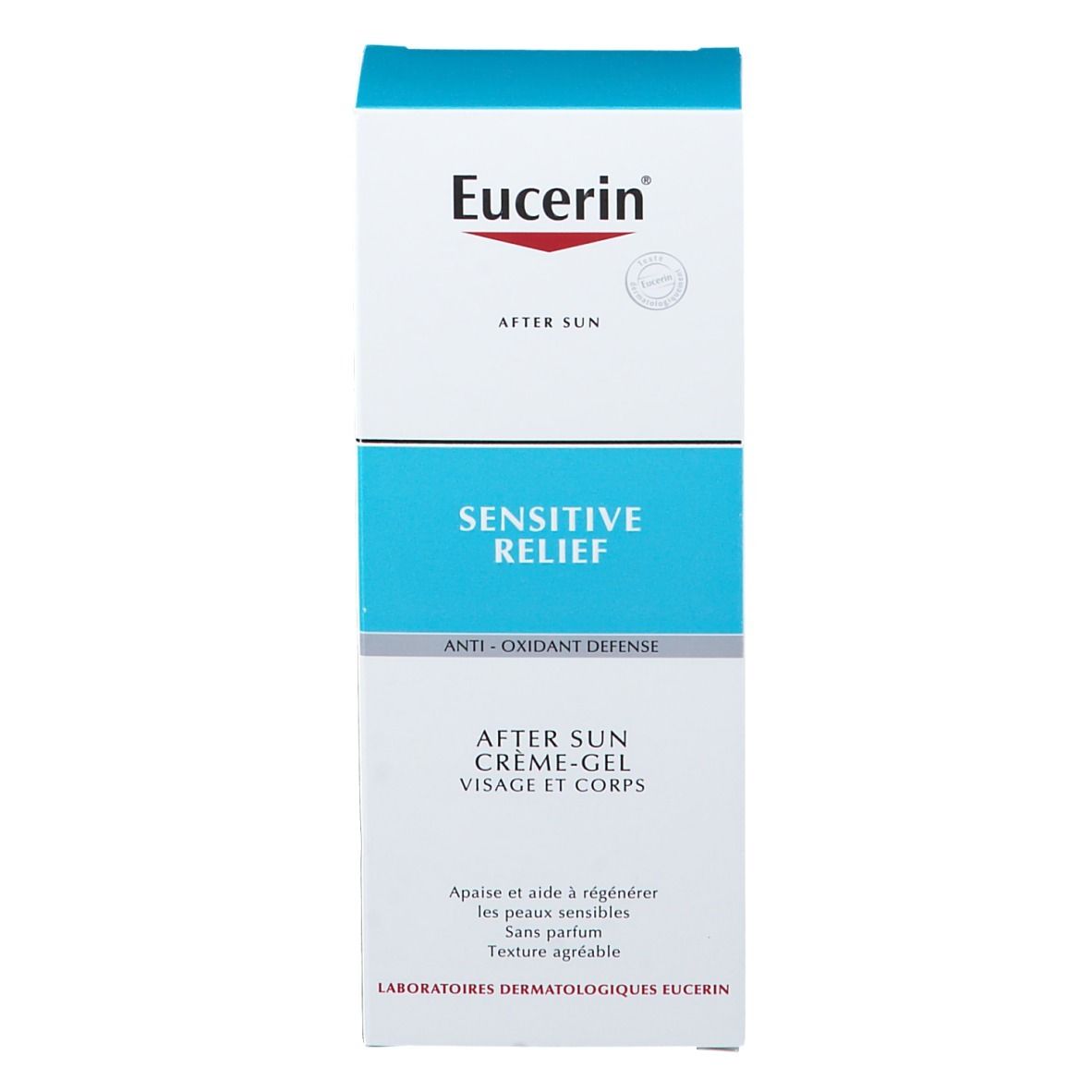 Emballage d'Eucerin Après-soleil crème-gel. Blanc, bleu et rouge. Inscription : Sensitive Relief.