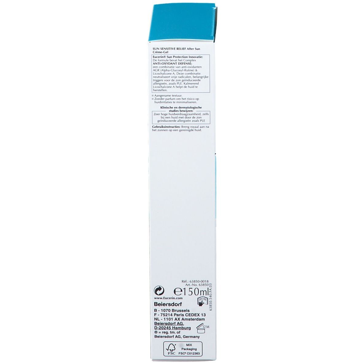 Emballage étroit d'Eucerin Après-soleil crème-gel. Blanc et bleu. Texte et informations du fabricant.