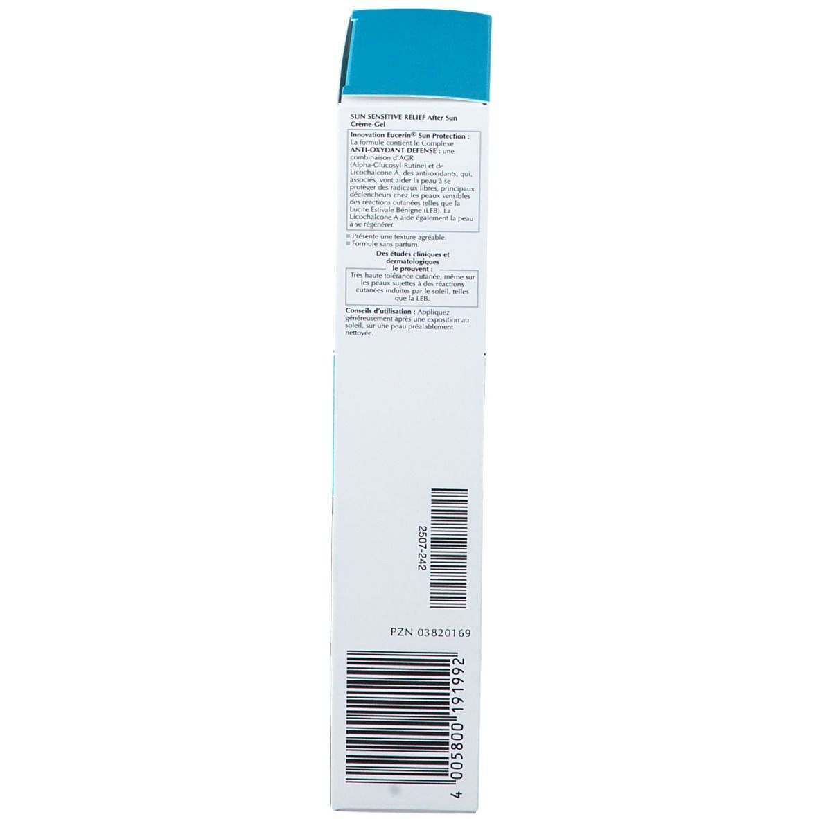 Emballage étroit d'Eucerin Après-soleil crème-gel. Blanc et bleu. Code-barres et texte.
