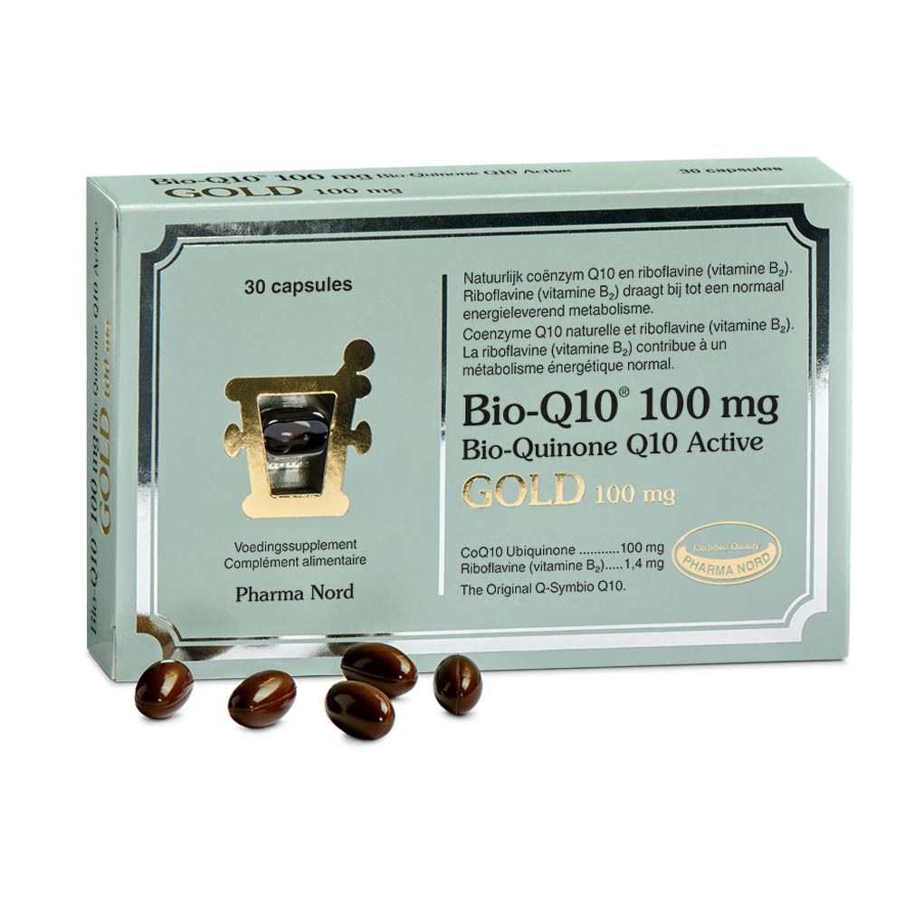 Boîte 'Bio-Q10 100 mg GOLD' avec capsules. 30 capsules. Emballage bleu-gris.