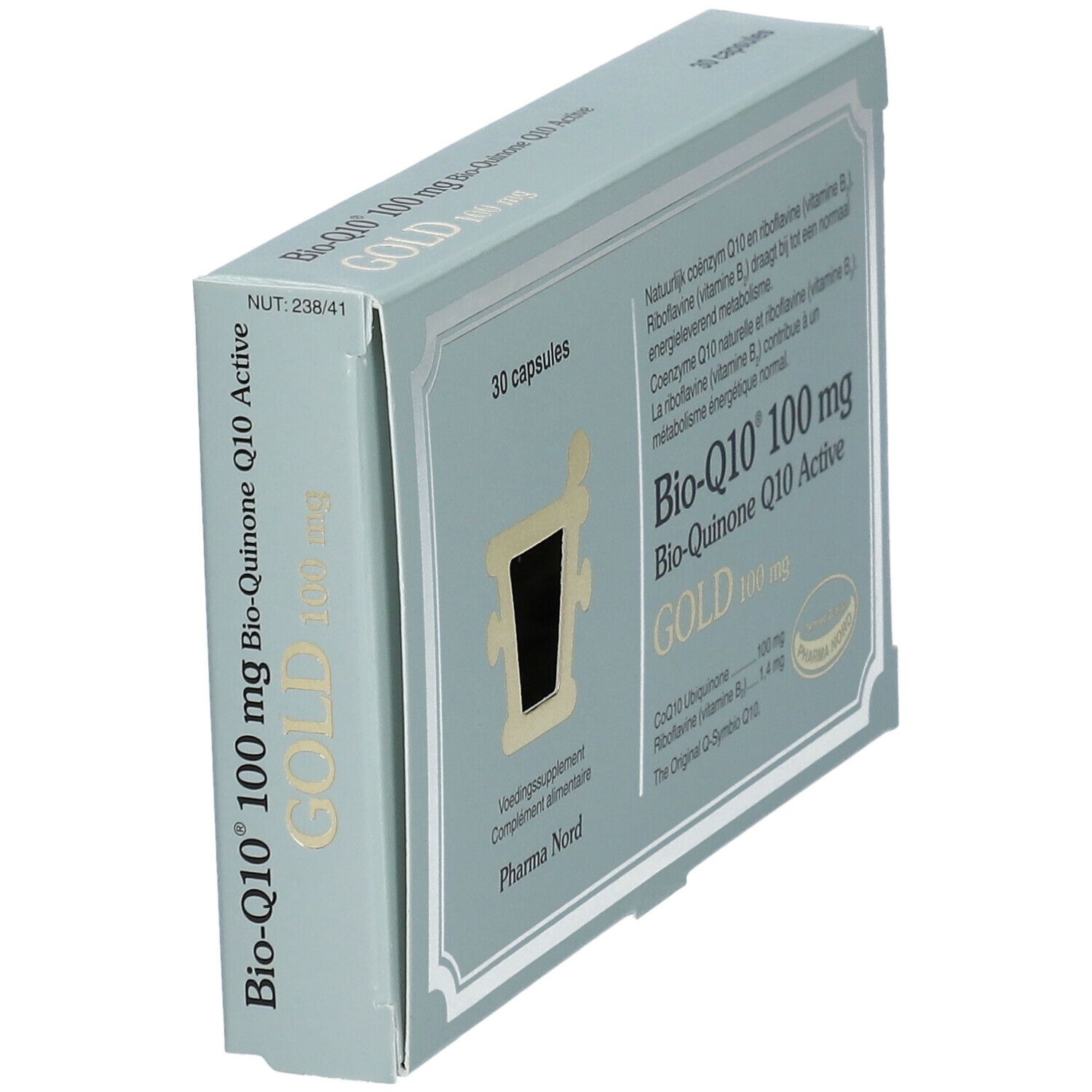 Boîte 'Bio-Q10 100 mg GOLD'. 30 capsules. Emballage bleu-gris. Vue latérale.