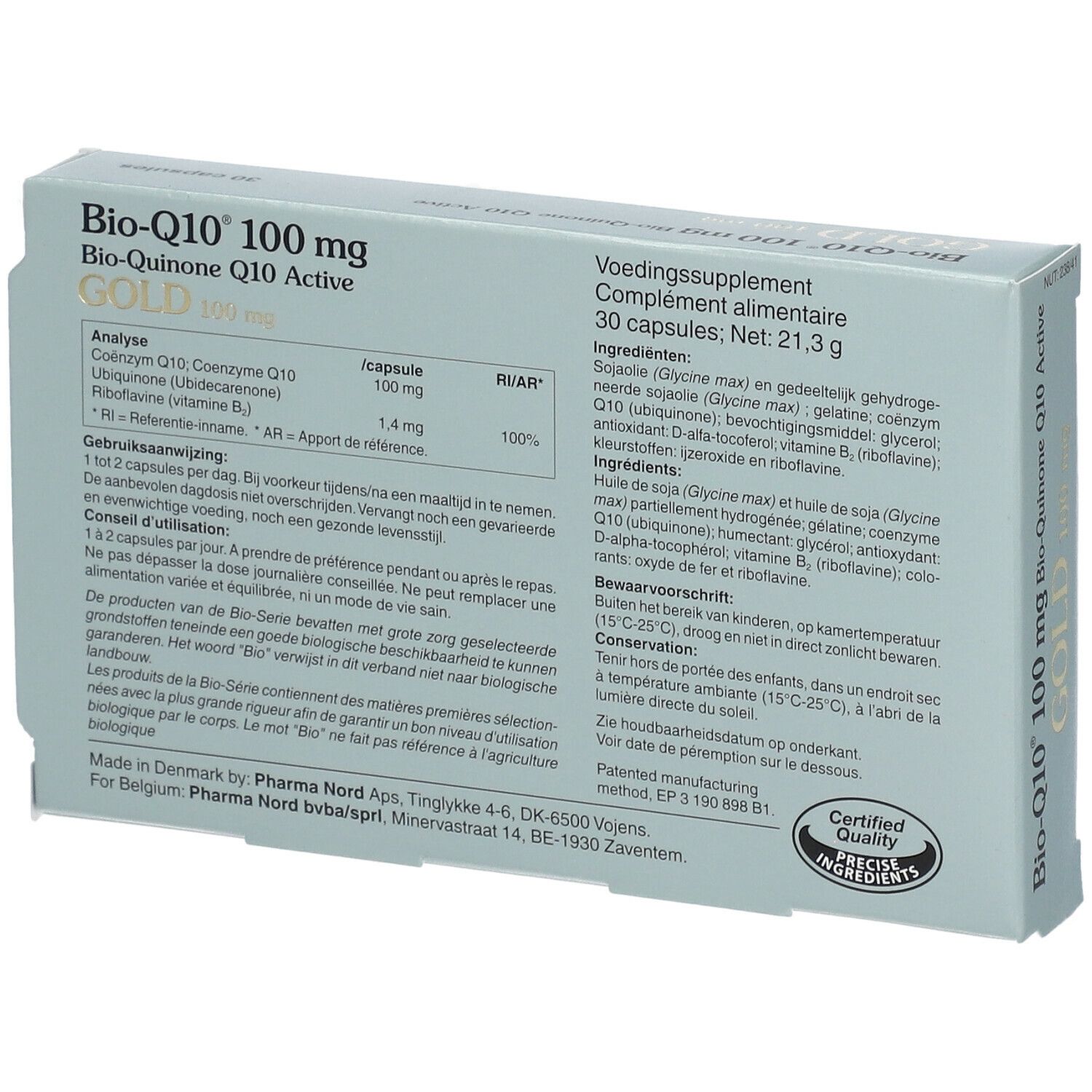 Dos de la boîte 'Bio-Q10 100 mg GOLD'. Texte multilingue. Logo de certification.