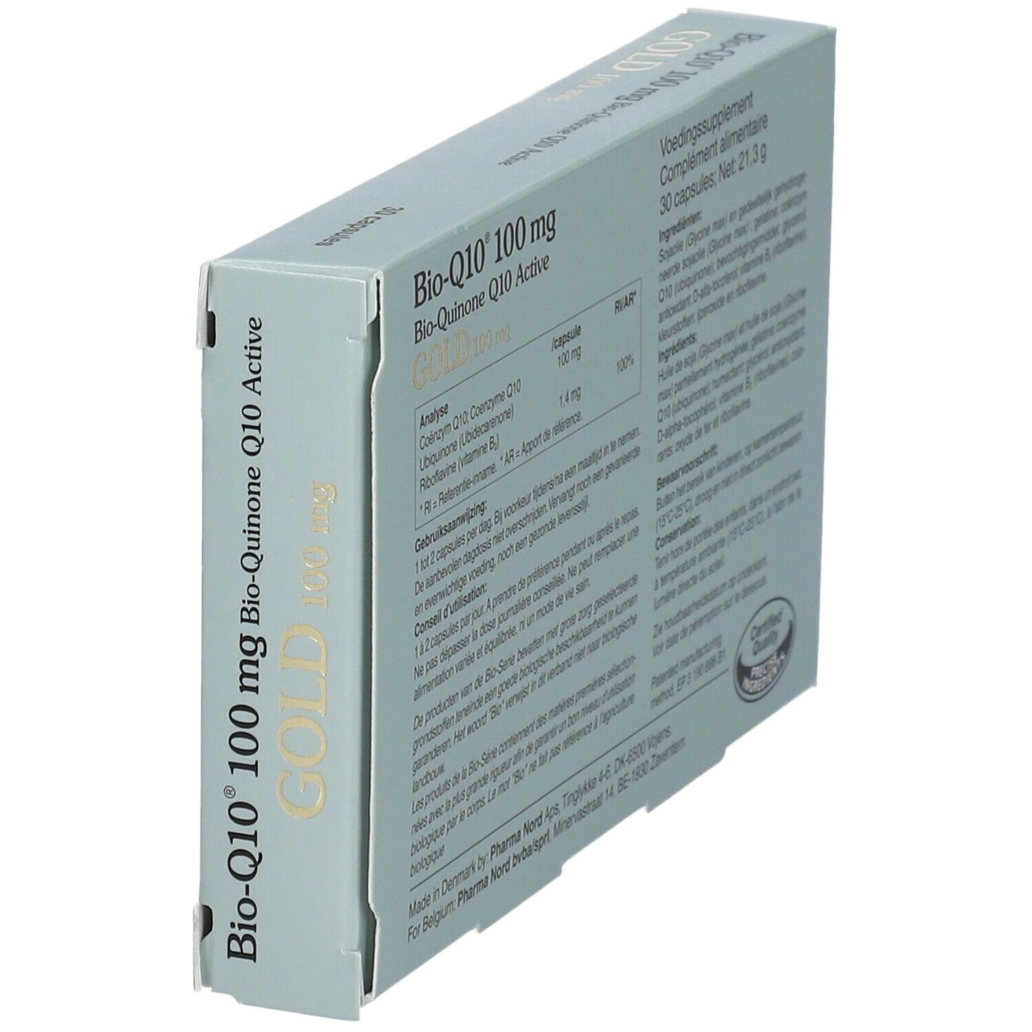 Boîte 'Bio-Q10 100 mg GOLD'. 30 capsules. Vue latérale. Logo de certification.