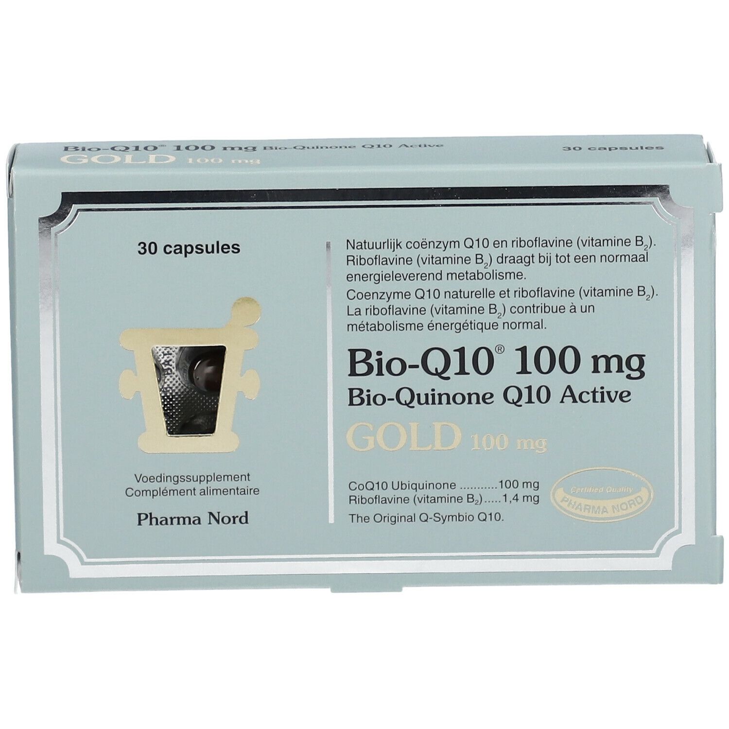 Boîte 'Bio-Q10 100 mg GOLD'. 30 capsules. Logo Pharma Nord. Emballage bleu-gris.