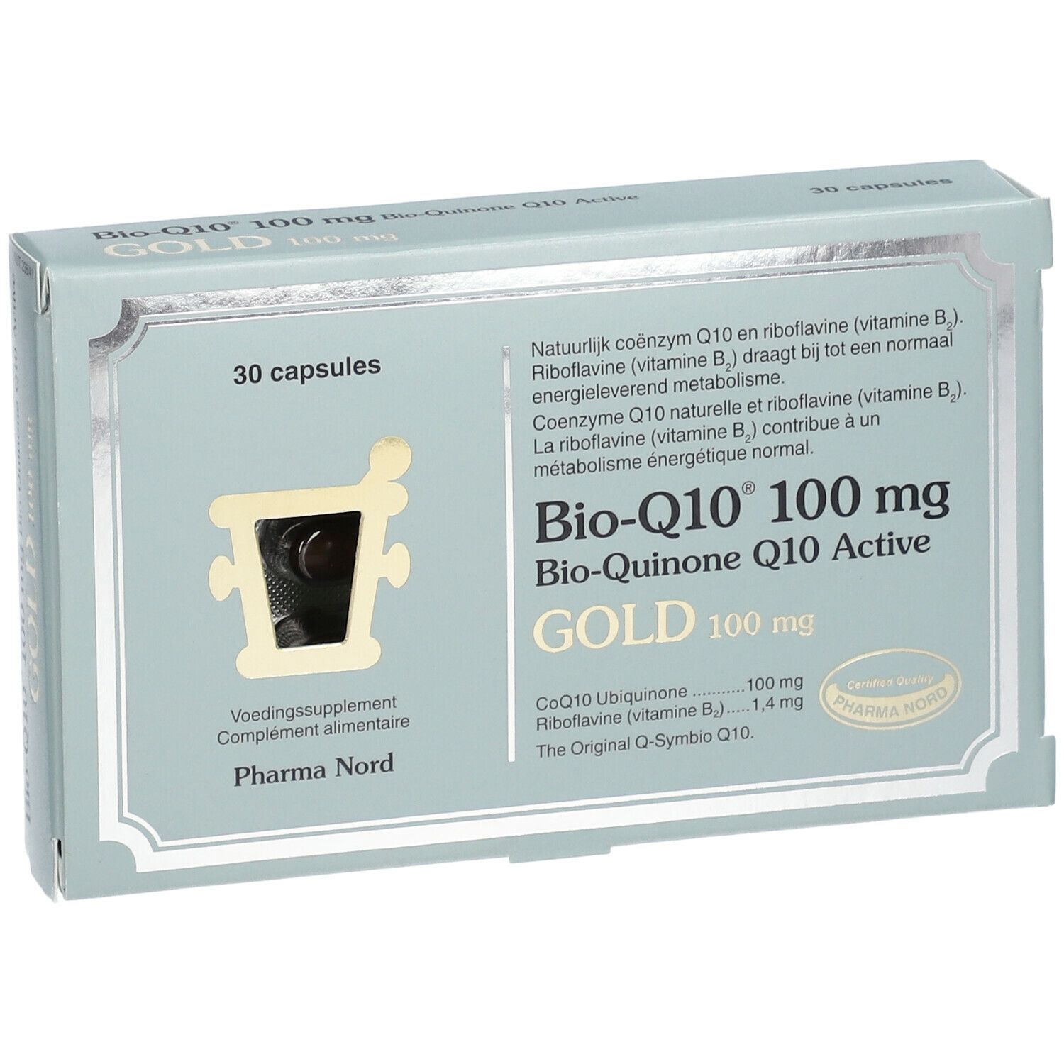 Boîte 'Bio-Q10 100 mg GOLD'. 30 capsules. Emballage bleu-gris. Gros plan.