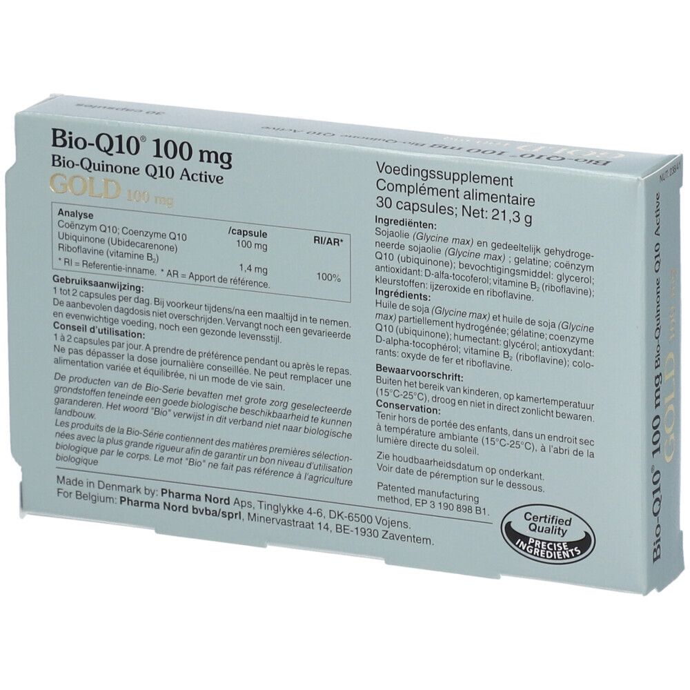 Boîte 'Bio-Q10 100 mg GOLD'. 30 capsules. Vue latérale. Logo de certification.