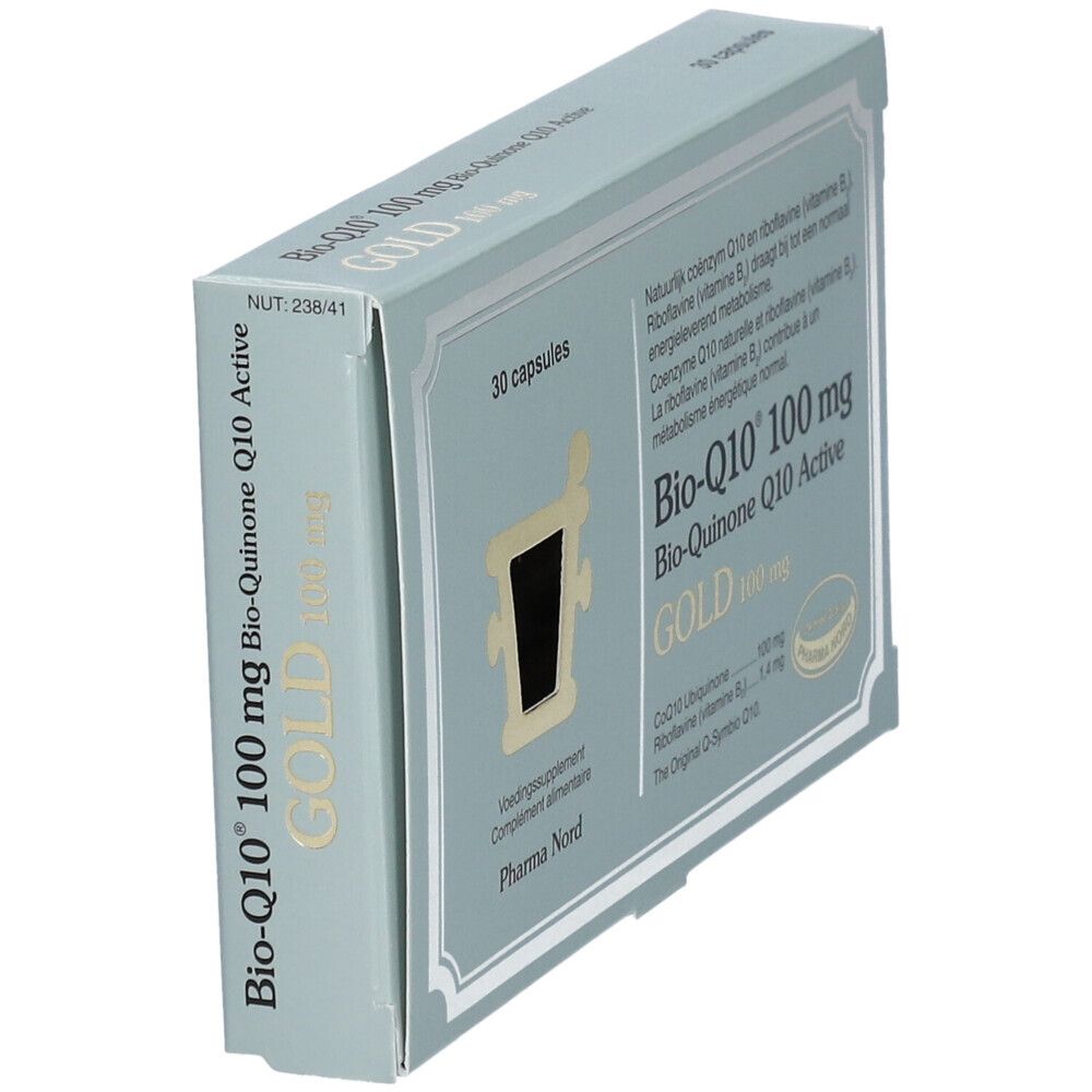 Boîte 'Bio-Q10 100 mg GOLD'. 30 capsules. Vue latérale. Logo de certification.