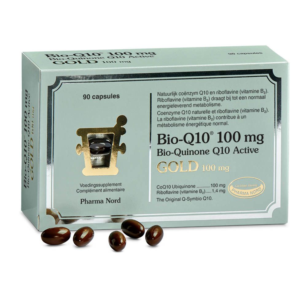 Doosje met capsules. Opschrift: Bio-Q10 100 mg Gold. 90 capsules. Pharma Nord. Capsules zichtbaar.