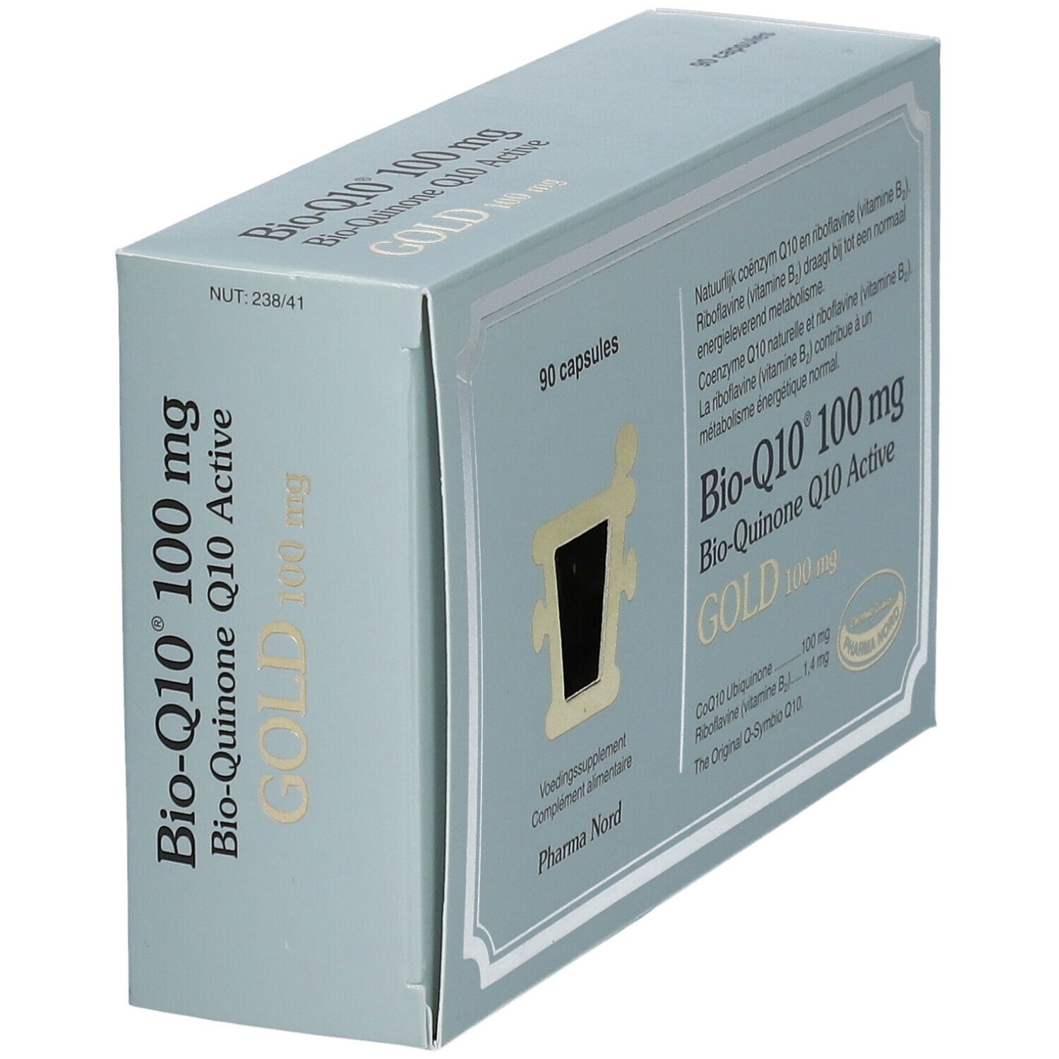 Doosje Bio-Q10 100 mg Gold. 90 capsules. Opschriften in het Nederlands en Engels. Pharma Nord.