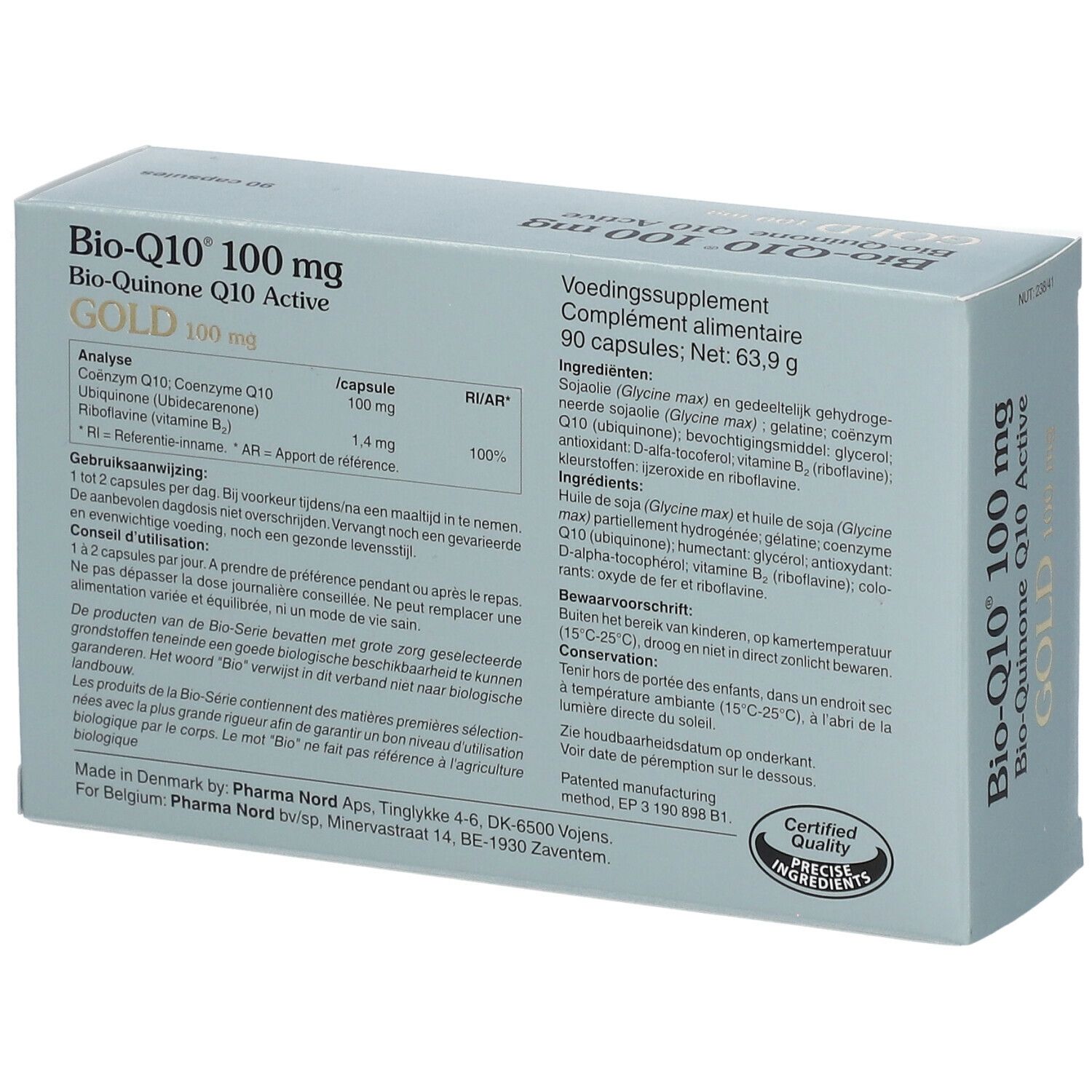 Doosje Bio-Q10 100 mg Gold. 90 capsules. Ingrediënten en gebruiksaanwijzing. Pharma Nord.