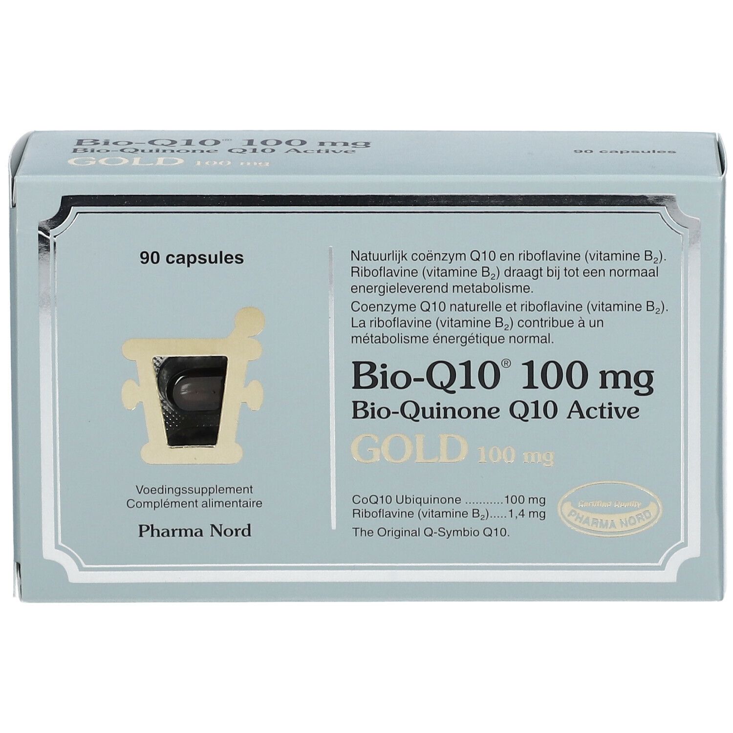 Doosje met capsules. Opschrift: Bio-Q10 100 mg Gold. 90 capsules. Pharma Nord.
