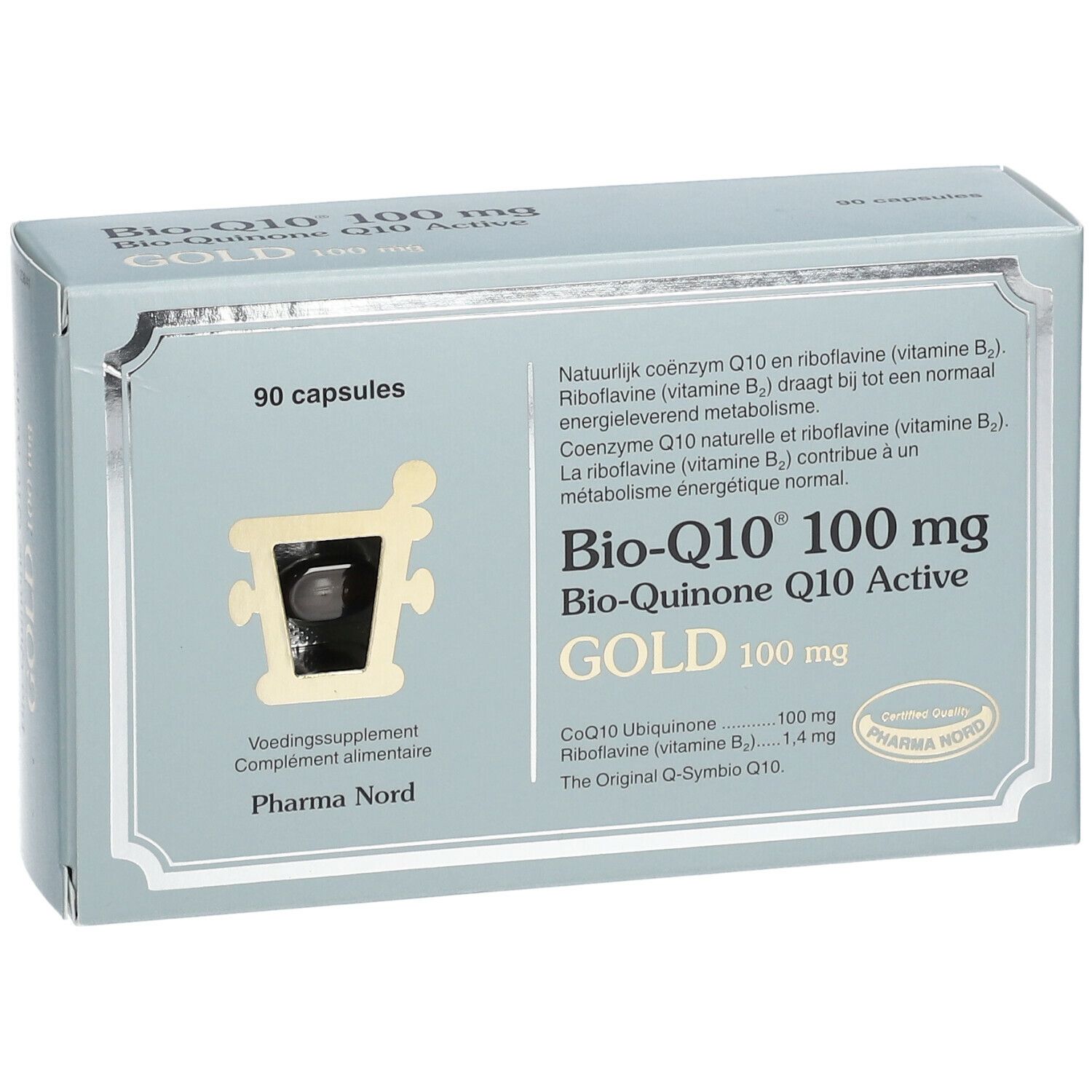 Doosje met capsules. Opschrift: Bio-Q10 100 mg Gold. 90 capsules. Pharma Nord.