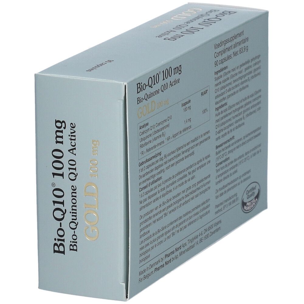 Doosje Bio-Q10 100 mg Gold. 90 capsules. Opschrift in het Nederlands. Pharma Nord.
