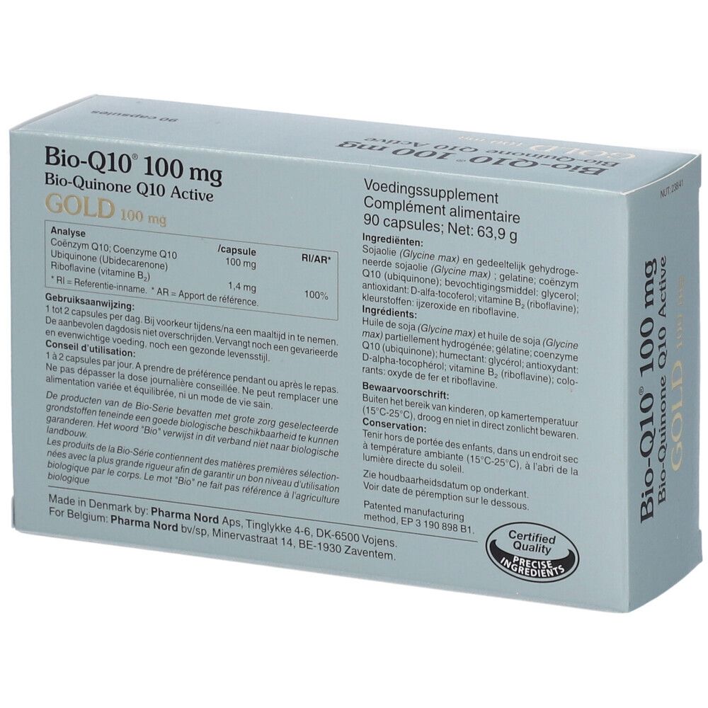 Doosje Bio-Q10 100 mg Gold. 90 capsules. Ingrediënten en gebruiksaanwijzing. Pharma Nord.