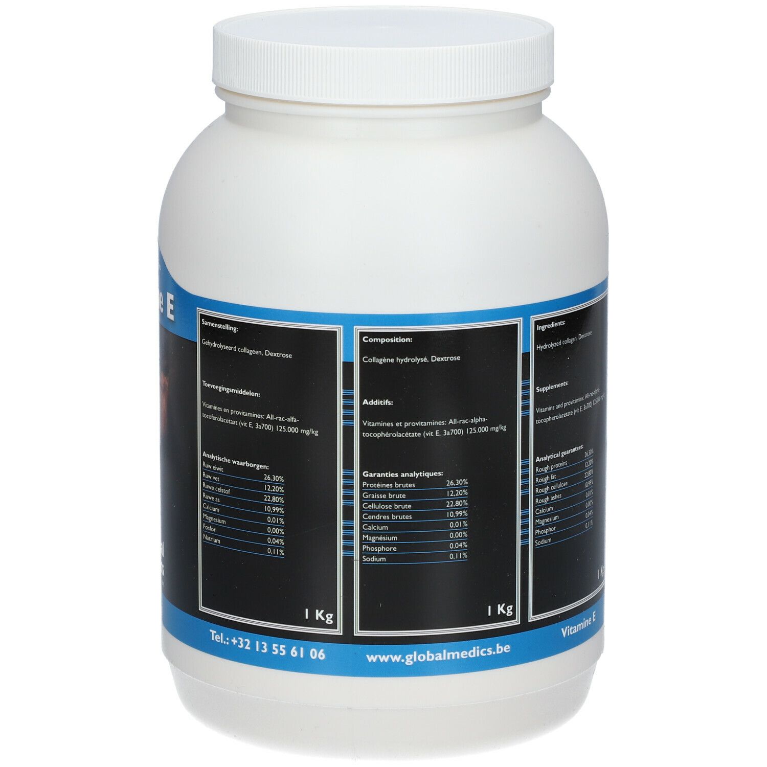 Achterkant van een witte pot met vitamine E. Opschrift: "1 kg". Informatie over ingrediënten. Contactgegevens en website.