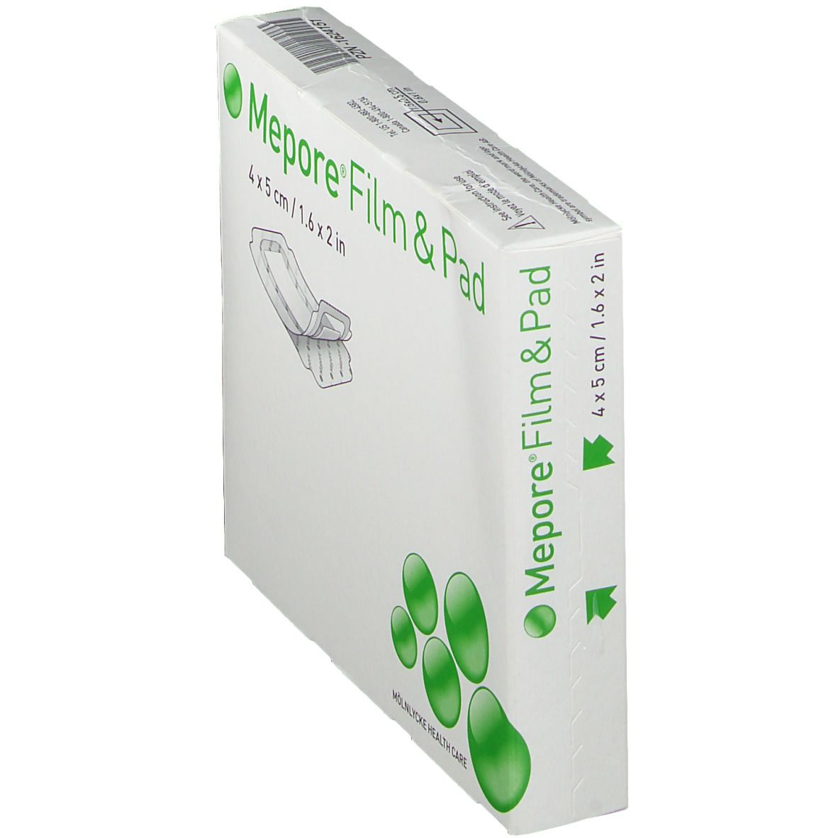 Schuine weergave van de verpakking van Mepore Film & Pad. Productnaam en grootte zichtbaar.