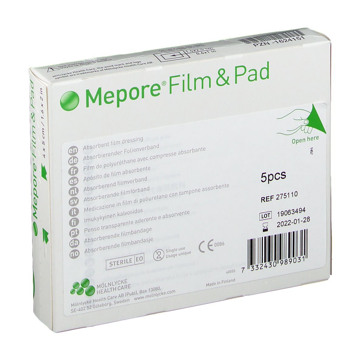 Verpakking van Mepore Film & Pad met productinformatie. Bevat 5 stuks. Steriel.